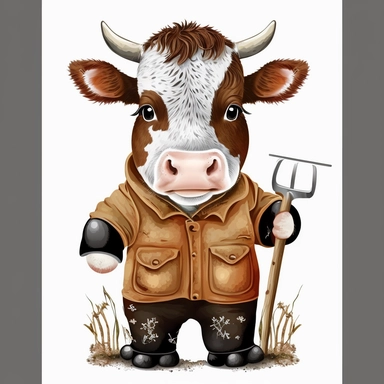 Cute Beautiful Baby Cow dressing Farmer Clothes Watercolor Sublimation Clipart,Cartoon,hyper realistic, intricate detail, illustration style,high solution,on the white background