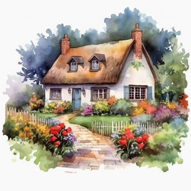 watercolour English cottage garden with a mix of colorful flowers and hedges plain background a png image that can be used as clipart