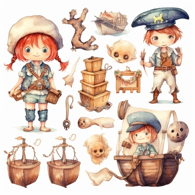 Watercolor pirates cute illustrations clipart set, simple, soft colors, cartoon elements, different variants, cute little pirate boy and girl pirate ship, pirate treasure chest, daggers, swords, pirate glag, skulls, billybones,, wooden elements, loot,, separate elements with a margin