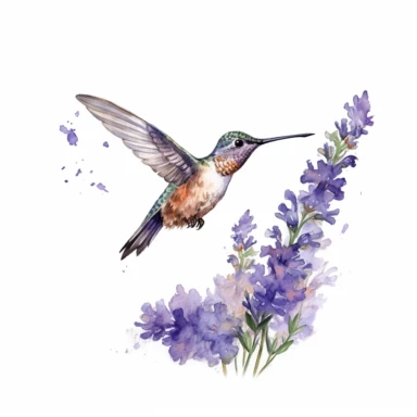 humming bird resting on some lavender flowers, in the style of watercolor illustrations, iconic, mystic symbolism, animated gifs, animal motifs, organic material, varied brushwork, clipart