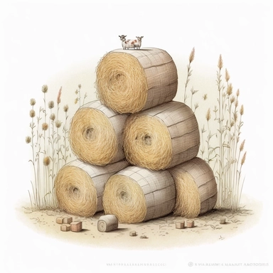 hay bales stacked on top of each other clipart, realistic drawing in storybook illustration, pencil drawing by Angela Barrett, Elsa Beskow, 300 DPI, white background
