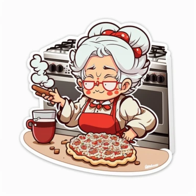 vector sticker design, anime style Mrs Claus baking clipart, white background, flat colors