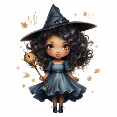 Hand drawn, halloween cute little witch standing make magic wand clipart, watercolor, Claudia Tremblay style, no shadow, single design, print on demand image, PNG transparent, white background for removing background - - no text shadow font watermark