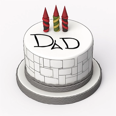 a clipart image of a birthday cake with the word dad written on, in the style of contemporary, black and white line work, light gray and maroon