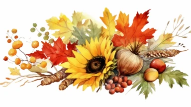 Watercolor fall illustration. Autumn leaves, sunflower bouquet, maple leaf, rowan berries, oak leaf, acorn, mushrooms arragement. Thanksgiving clipart
