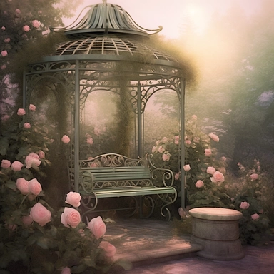 deep colors, fantasy rose evening garden with antique wrought iron bench and gazebo, soft pink and green and khaki colors, romantic, clipart style, shabby chic, ethereal, fantasy, 8k, photo realistic, sharp focus, high precise detail, transparent background, (--iw 15)