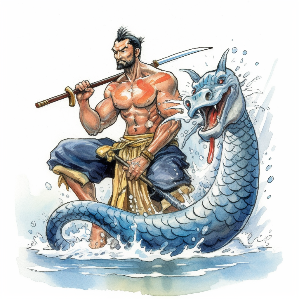 A watercolored clipart-style Samurai with a koi fish and dragon swimming around him. The Samurai should be depicted in a peaceful pose, with one hand resting on the hilt of his katana. The koi fish and dragon should be shown swimming in opposite directions, with their tails wrapped around the Samurai's legs, white background color