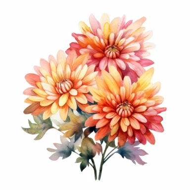 watercolour mums flowers, clipart, autumn colours, white background, spaced out