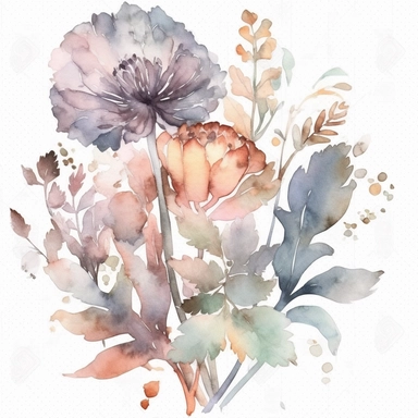 pastel watercolor, pompus dried flower, top right-hand corner scroll ideal for a wedding stationery, clipart