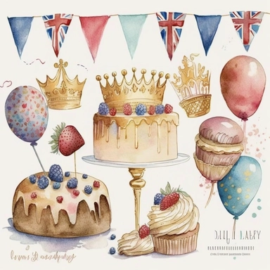 british cakes, union jack theme, large shinny gold king crown, buntings, birthday red blue gold balloons symbolic objects icons detailed pencil watercolor illustration clipart pure white background #FFFFF