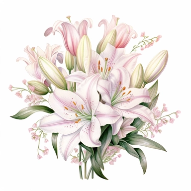 a bouquet of bright white lilies with pink rose buds, color pencil sketch on a white background for clipart