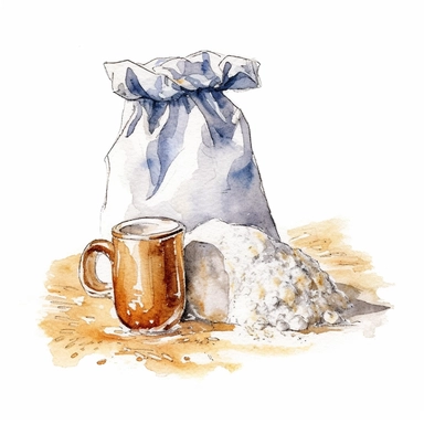 flour next to a bag of flour ,watercolor sketch, clipart, white background
