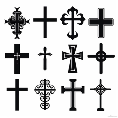 black vector icons of different designs christian crosses, on a white background, hd vector, clipart, cartoon style, minimalistic simple , 4k
