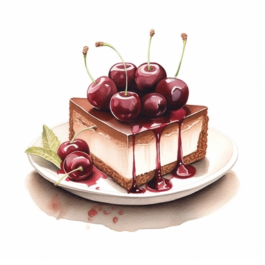 This highly detailed watercolor clipart features a decadent, full chocolate cheesecake adorned with succulent cherries, set against a pristine white background. The artwork showcases the intricacy of the dessert, capturing the richness of the chocolate and the velvety texture of the cheesecake. The graham cracker crust is meticulously painted, providing a sturdy and delicious base. Plump cherries are artfully arranged on top, their deep red color and glossy sheen adding a pop of vibrancy. Agains