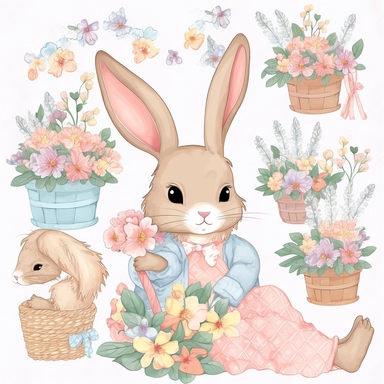 a shy baby Bunny with Flowers Clipart, Peter rabbit, wearing pink coat covered in flowers, Nursery summer Clipart, Easter Clipart, summer Bunny, Crafting Digital Paper, Mother’s Day, white background