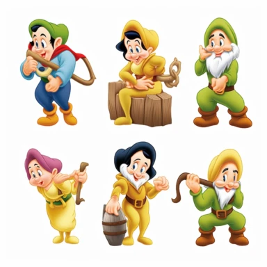 snow white and the seven dwarfs cartoon characters, in the style of highly stylized figures, pensive poses, the bechers' typologies, green and gold, uniformly staged images, energetic expressions, group f/64, disney snow white and seven dwarfs png, in the style of simplified compositions, light orange and dark green, expressive comic panels, disfigured forms, uniformly staged images, high resolution, realistic yet stylized, disney snow white characters clipart image, in the style of lively group