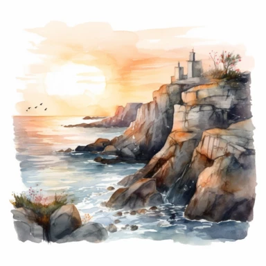 Detailed, ocean view, sunrise, watercolor, clipart, rocks, narrow sea, white background