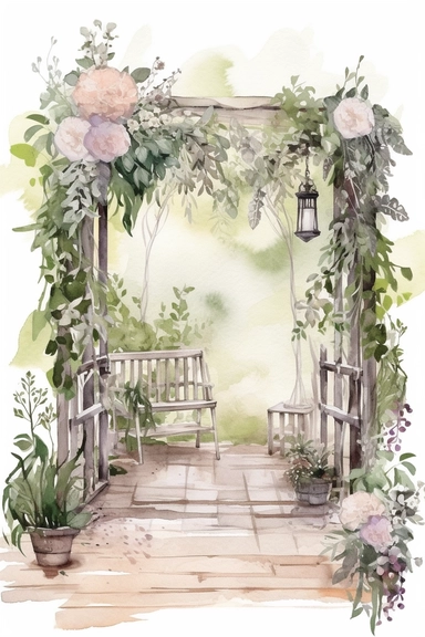 Watercolor wedding garden scene, wedding clipart, simple, soft colors, cartoon elements, watercolor boho style, white transparent