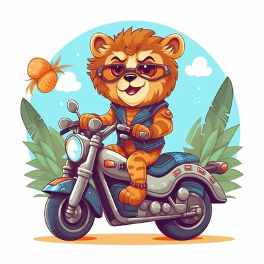 Create a clipart of a cute lion in a leather jacket riding a vintage motorcycle. Strong and vibrant colors. Jungle trees before a White Background, soft lighting.