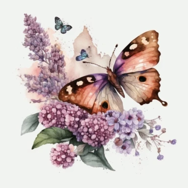 beautiful butterfly with flowers watercolor clipart illustration, transparent background
