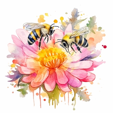 Create a charming watercolor clipart of bees and flowers. The scene should include several bees buzzing around a variety of vibrant flowers, collecting nectar. The style should mimic that of a watercolor painting, with soft edges, subtle color blending, and the characteristic transparency of the medium. Use a digital rendering technique that mimics the effect of a watercolor brush on a textured paper. The lighting should be soft and diffused, as if it's a sunny day. The colors should be bright a