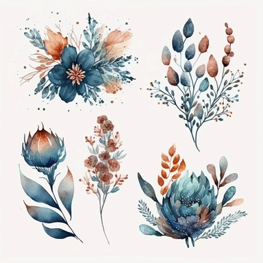 watercolor pastel flower 2d, floral clipart watercolor illustration, on white background, high res, in dark blue, cobalt blue and duck egg colors with dusty pale terracota color accents, copy space,