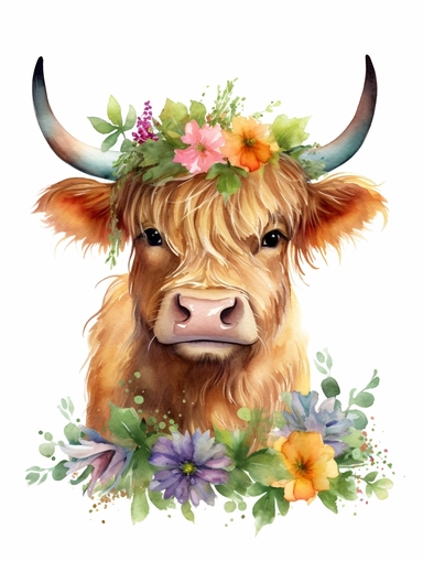 watercolor cute baby highland cow with flower crown and green flowers floral bouquet, white background, children book illustration, 8k, ultra detailed clipart, warm colors