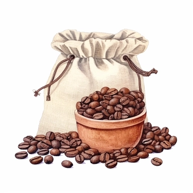 highly detailed image of watercolor style clip art bag gourmet coffee beans with additional overlapping accessories on a white background