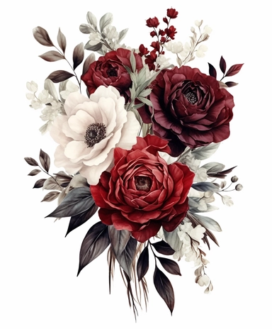 Tall floral bouquet in crimson, white, and black, reminiscent of Alabama University colors, depicted in a watercolor clipart. The flowers are large and bold, featuring roses, peonies, and poppies, with delicate green leaves and stems interspersed throughout
