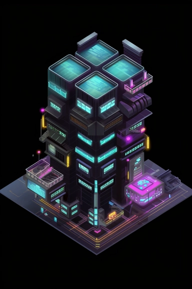 isometric perspective, game sprite, futuristic random public building concept, gaming asset, sci-fi, fun, creative, cartoon, clipart, hyper-detailed, black background,