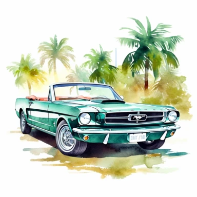 old school convertible light green mustang car, summer vibes ,watercolor, clipart