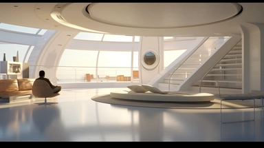 movie clip scene cool mid day of summer, hyper minimalist modern shimmering lights and shadows over living room studio library and kitchen open concept photographic high definition render, cold blinding shinny white fall light god rays shadows shimmering closeup detail concept art detailed painting with giant spaceship window of a cool industrial living quarters spaceship , huge over window with gorgeous galactic view, happy blade runner android, cool airvehicle cockpit, living bedroom office, d
