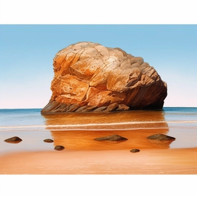 Detailed Watercolor of a beach of orange sand with a large rock covered in water, in the style of suffolk coast views, clipart, sticker art, flat 2d, 8k, high definition, white background