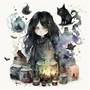 beautiful alchemist girl, black eyes, black long hair, black cat, lots of jars of potions, jars of herbs, brazier, metal pots, decorated with stars, children' story book style, watercolor image, hannah dale style, watercolor, white background, clipart