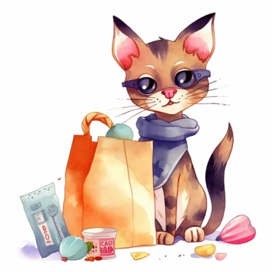 Playful watercolor clipart of a cute cat with a paper bag, capturing the playful and fun side of pets, with vibrant colors and soft details, perfect for a t-shirt design, delightful and charming, high-quality illustration, hand-painted with love, a great addition to any project.