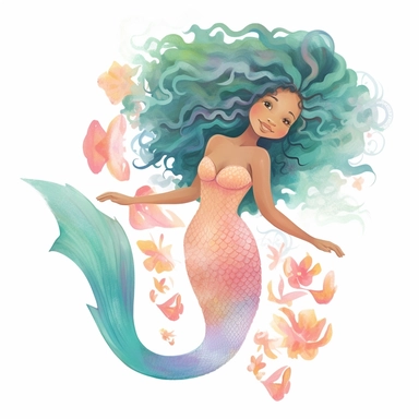 Mermaid Clipart Clipart, full body pastel colors african american Mermaid swimming with a dolphin , natural hair, dreads, distinctive noses, illustration blend with cartoon realism and cate parr style