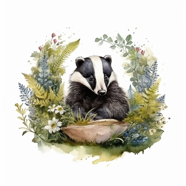WOODLAND BADGER, CLIPART, WATER COLOUR, WHITE BACKGROUND