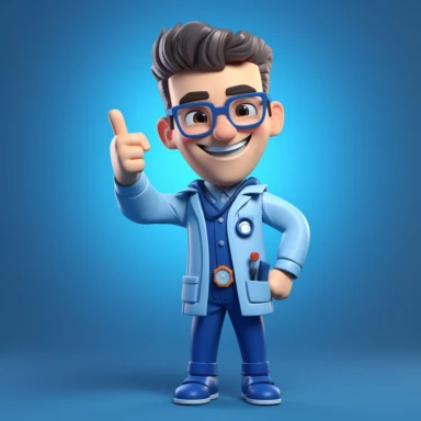 3d render, cartoon character smart doctor wears glasses and shows thumb up. Medical clip art isolated on blue background. Best choice concept. Health care recommendation metaphor