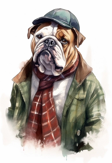 watercolour of a English Bulldog wearing A red plaid flannel shirt with a dark green corduroy vest, Add a leather newsboy cap and a silver pocket watch for a classic hipster touch, clipart, colourful, pastel color, watercolour, single sheet