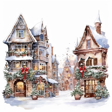 Christmas village, Clip art, magical, enchanting, wreaths, snow-covered streets, Watercolor, colorful buildings, sparkling, charming, detailed, glittery, shiny, twinkling lights, festive, ornate, traditional, whimsical, Michael Powell Style, Unreal Engine