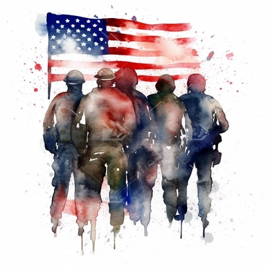 Watercolor clipart Illustrating multiple soldier silhouettes standing in solidarity, with their arms around each other, in front of a large American flag. This theme represents the unity and support within the military community. White background