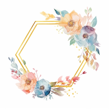 thin golden pentagon frame, slim golden pentagon frame, one single pentagon frame, some pastel pink yellow blue flowers around, pastel easter flowers arrangement, wreath clipart, symmetrical, pastel flowers arangement, simple watercolor illustration, single pentagon, watercolor with margin, bold line, editorial design, print design, Super - Resolution, Megapixel, Pro Photo RGB, VR, outside, 8K, super detailed, HDR, 8k. white background