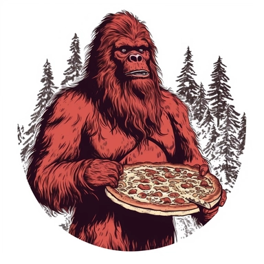 sasquatch clipart holding pizza, eating huge pizza, one color design, screenprint