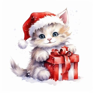 Clipart, watercolor, white background: A kitten dressed as Santa Claus, complete with a fluffy red suit and a jolly expression, ready to deliver presents to all the good boys and girls