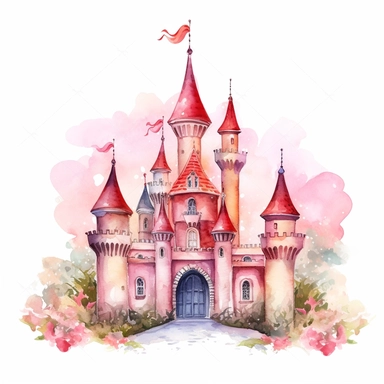 Princess castle clipart, watercolor fairy kingdom, white background