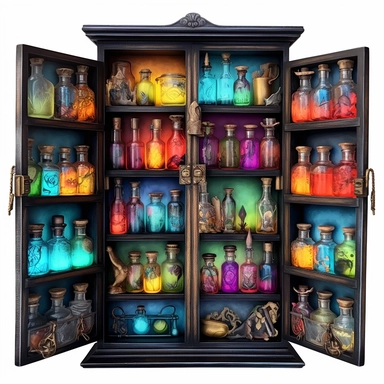 vibrant alcohol ink apothecary cabinet with open doors clipart