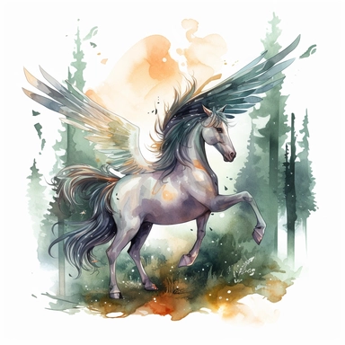 Create a clipart showcasing a Pegasus standing proudly as a guardian of the Forbidden Forest. Illustrate the creature amidst tall trees, with a sense of mystery and magic. Incorporate elements like glowing eyes, dappled sunlight, and other magical creatures or plants found within the forest, realistic, detailed, watercolor, white clear background, clipart