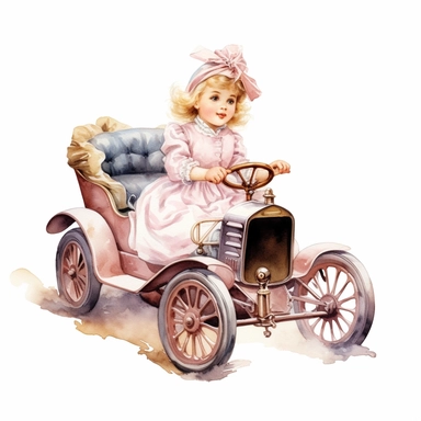 Watercolor Victorian baby girl in driving a ford t car from the era clipart , on a white background, Illustration clipart, 4K, extremely detailed