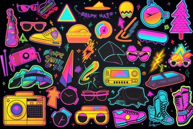 Retro 80s 90s clipart set. Neon colors y2k fashion patch, badge, emblem, stickers.