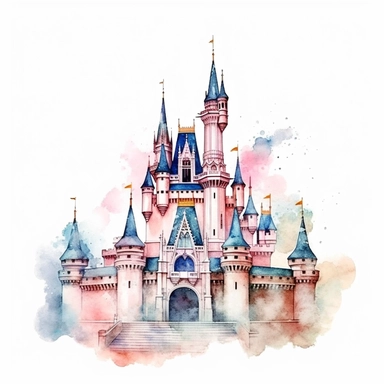 disney princess castle clipart, watercolor fairy kingdom, white background